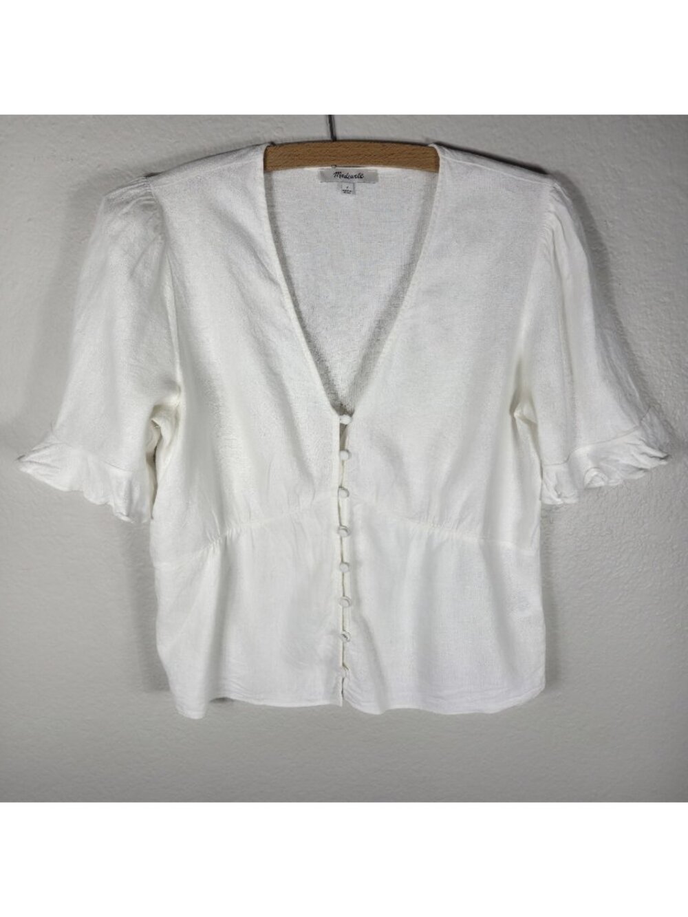Madewell Peplum White Top Blouse Size 2 Button Front Ruffle Sleeves Linen Blend
